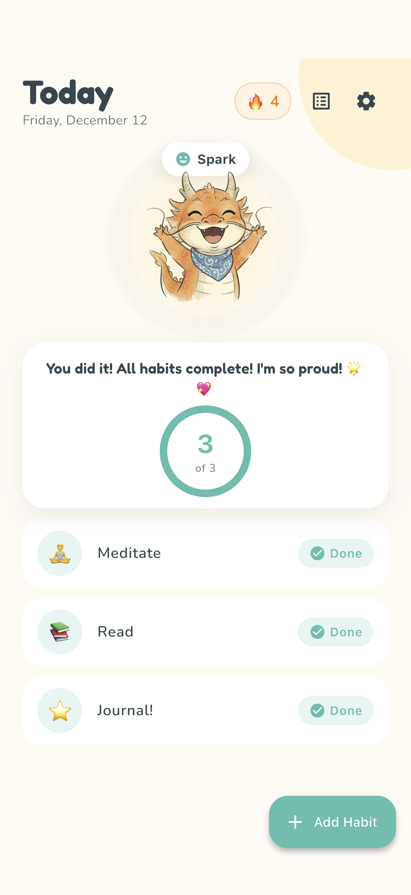 TINU app celebrating all habits complete